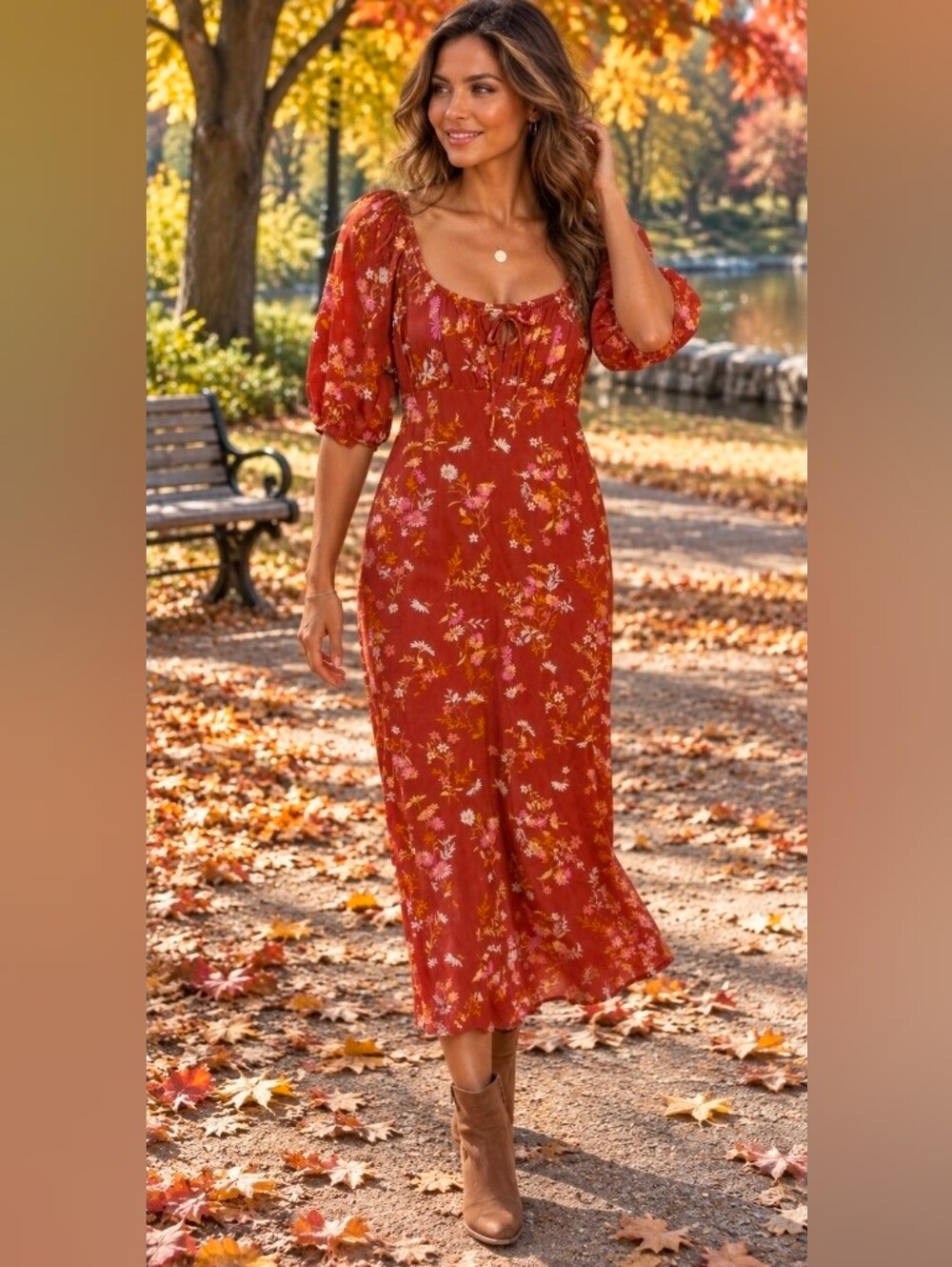 Billabong Rust Floral Puff-Sleeve Maxi Dress Medium